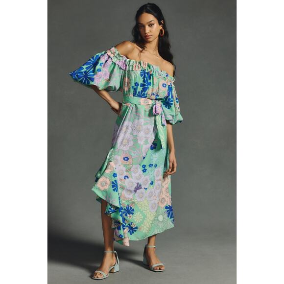 Anthropologie Dresses & Skirts - New ANTHROPOLOGIE Oopscool Off-The-Shoulder Floral Midi Dress $328 MEDIUM Green